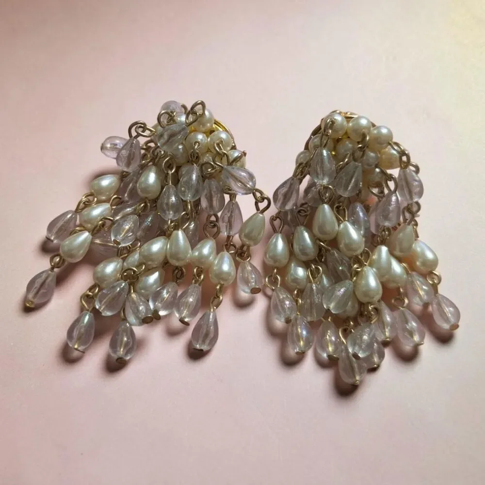Vintage Faux Pearl Pink Bead Cascade Clip On Earrings, Cottagecore Jewelry